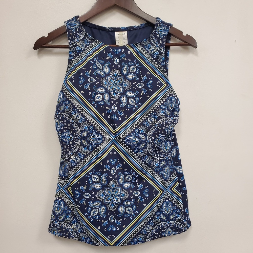 Lands End Swim Tankini Top Size 6 DDD Paisley Blue Modest Stretch Coverage Beach